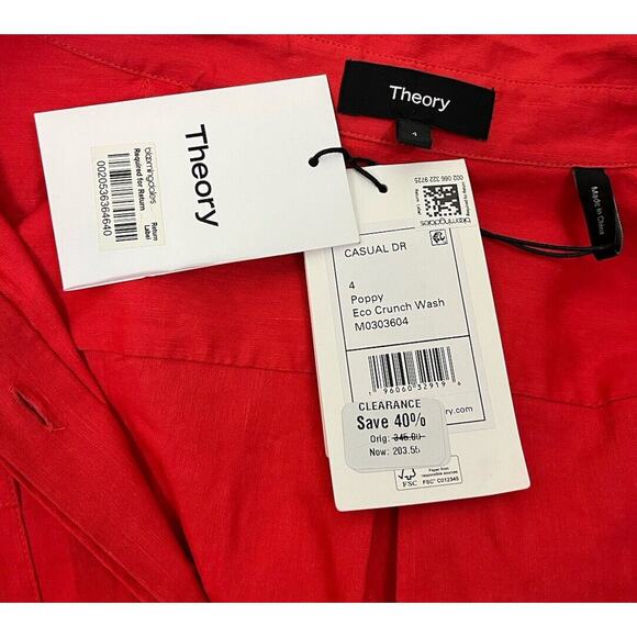 Theory Belted Shirt Dress in Stretch Linen Poppy Short Sleeve Size 4 NEW - Picture 12 of 14